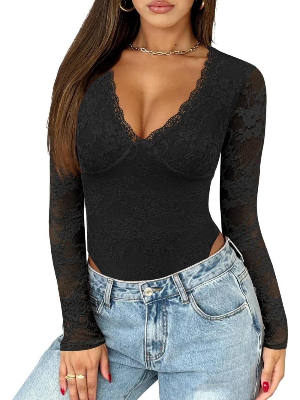 Sexy Deep V Neck Long Sleeve Lace Bodysuit for Women - Elegant Night Out Top